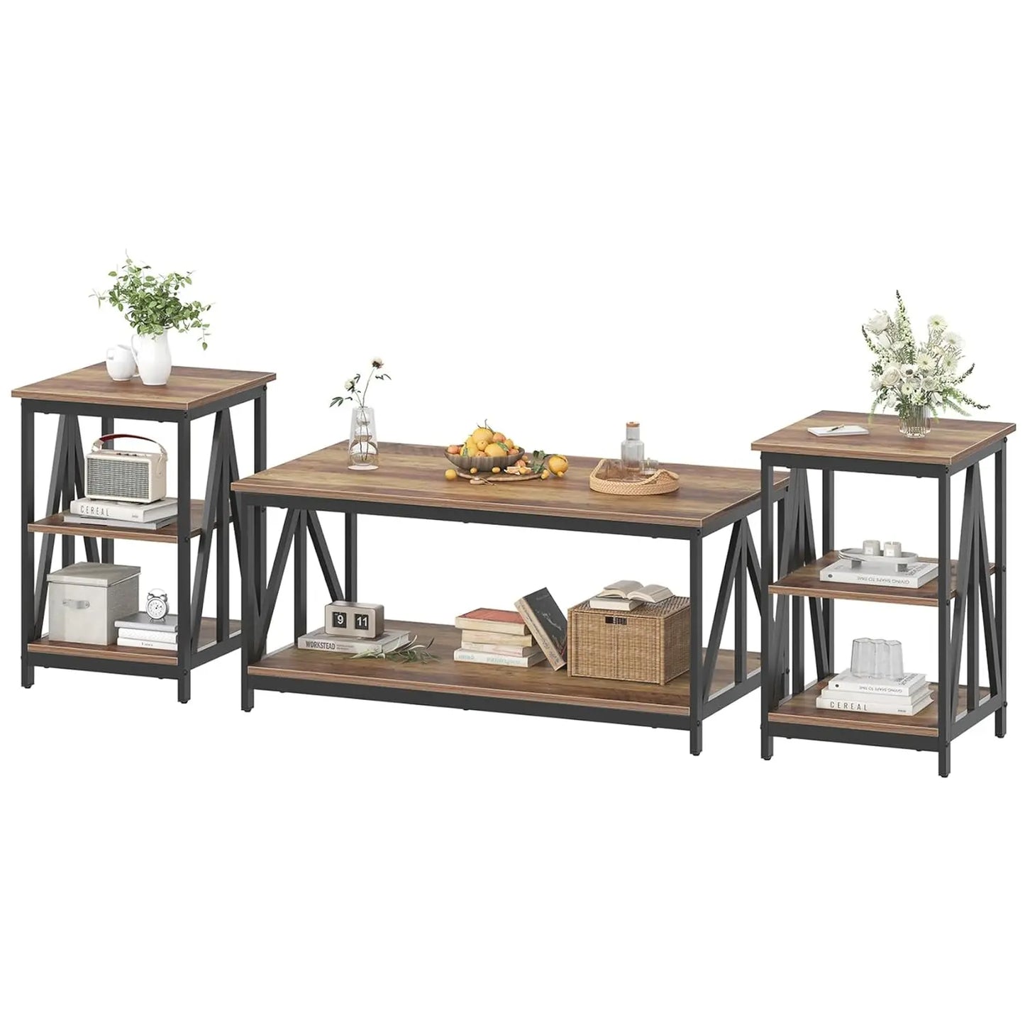 Industrial X-Design 3-Piece Coffee Table Set With End Tables