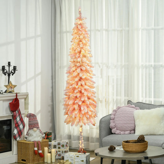HomCom Pencil Prelit Artificial Christmas Tree With Snow Flocked Branches