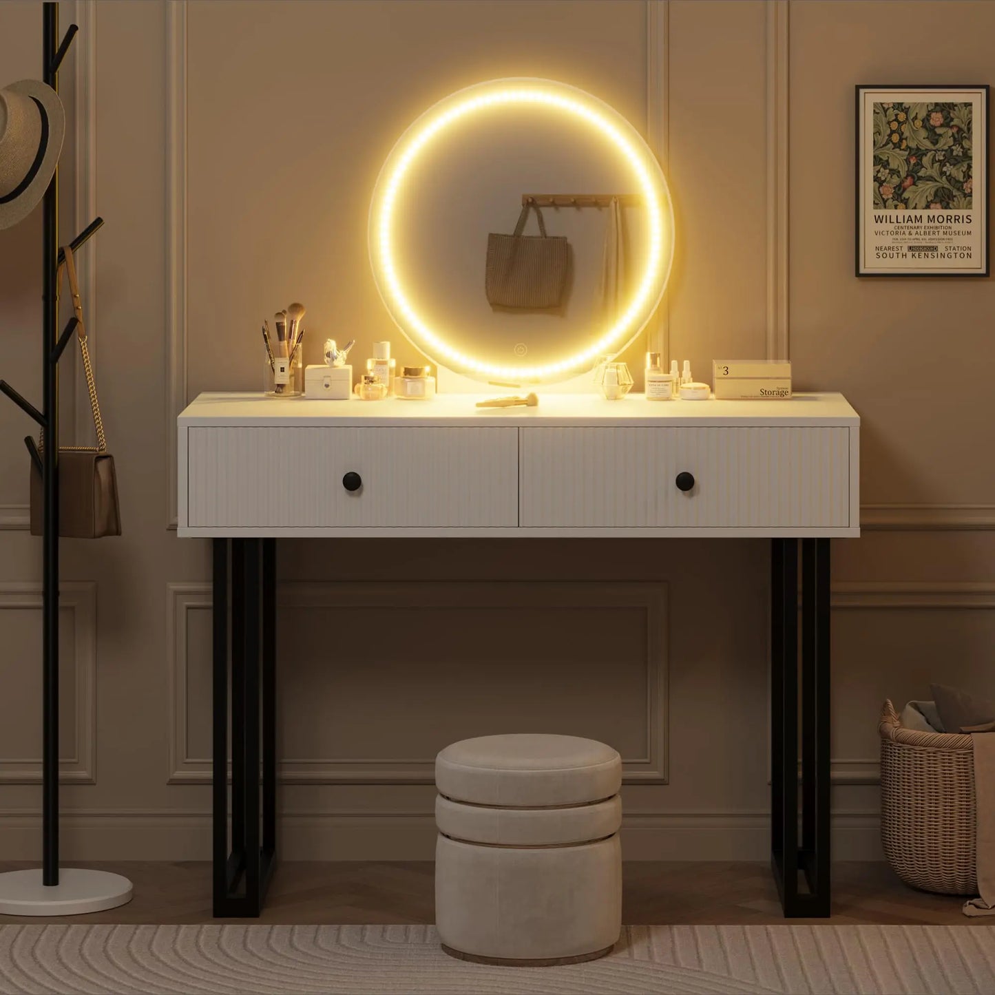 HiMISS Vanity Desk With LED Mirror And Lights 2 Drawers