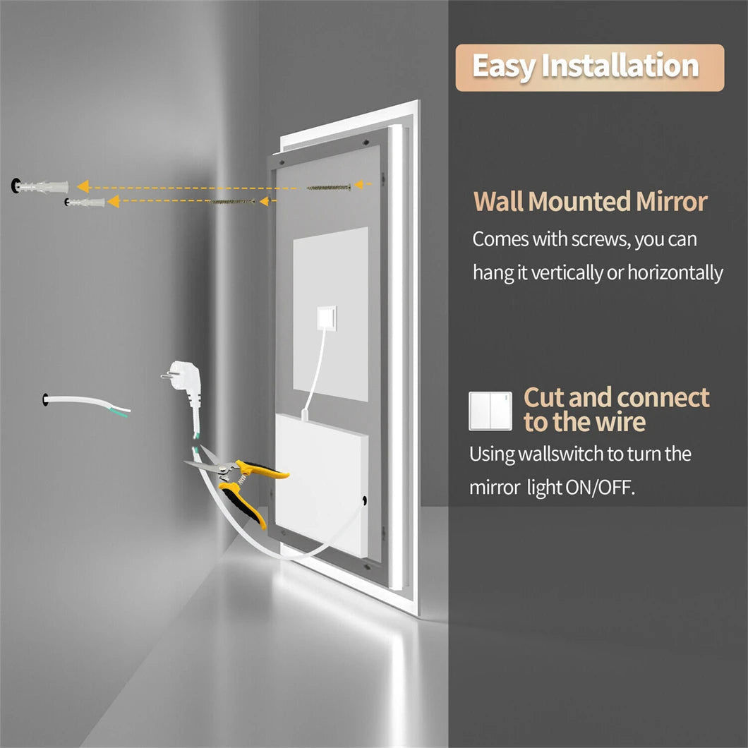 LED Bathroom Mirror BORWART Dimmable Backlit Fogless Wall Mounted IP65