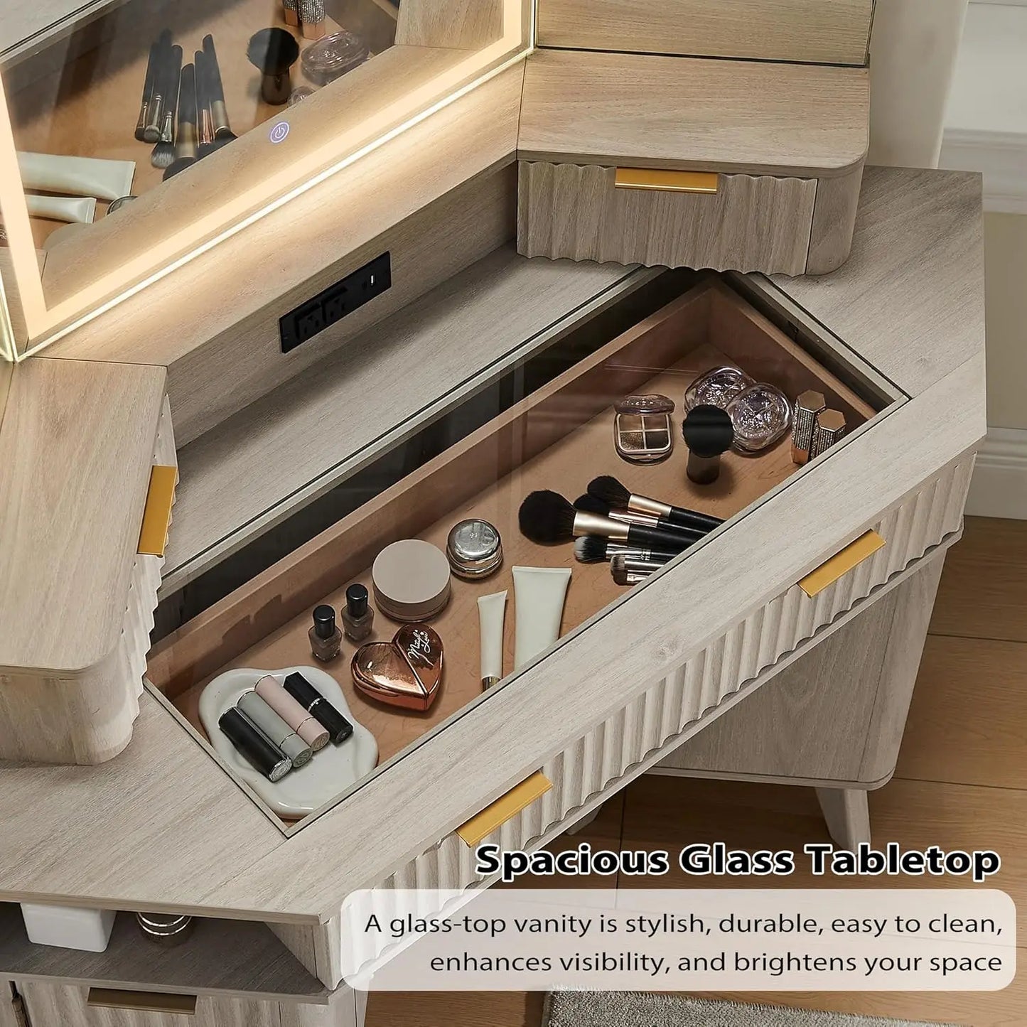 Fluted Makeup Vanity Desk With Three Way Mirror And Lights