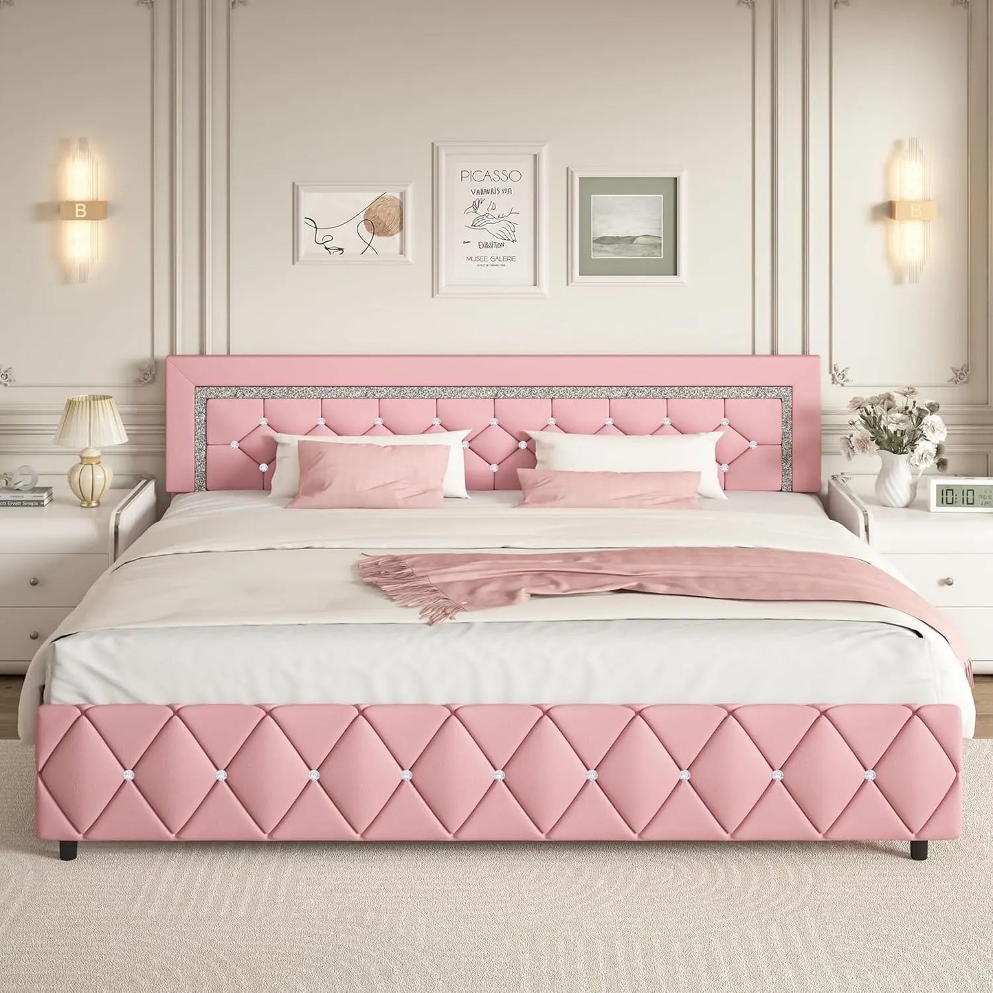 Guangbai Faux Leather Diamond Tufted Platform Bed Frame With Headboard