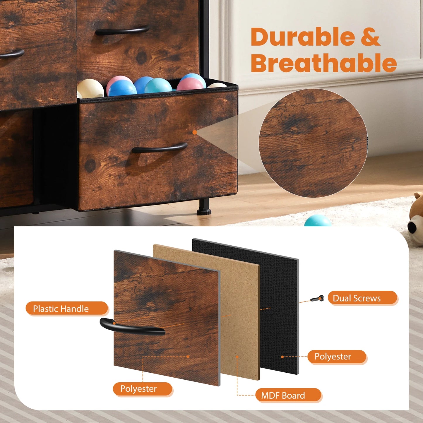 JHK Bedside Table With 10 Fabric Drawers Steel Frame Storage