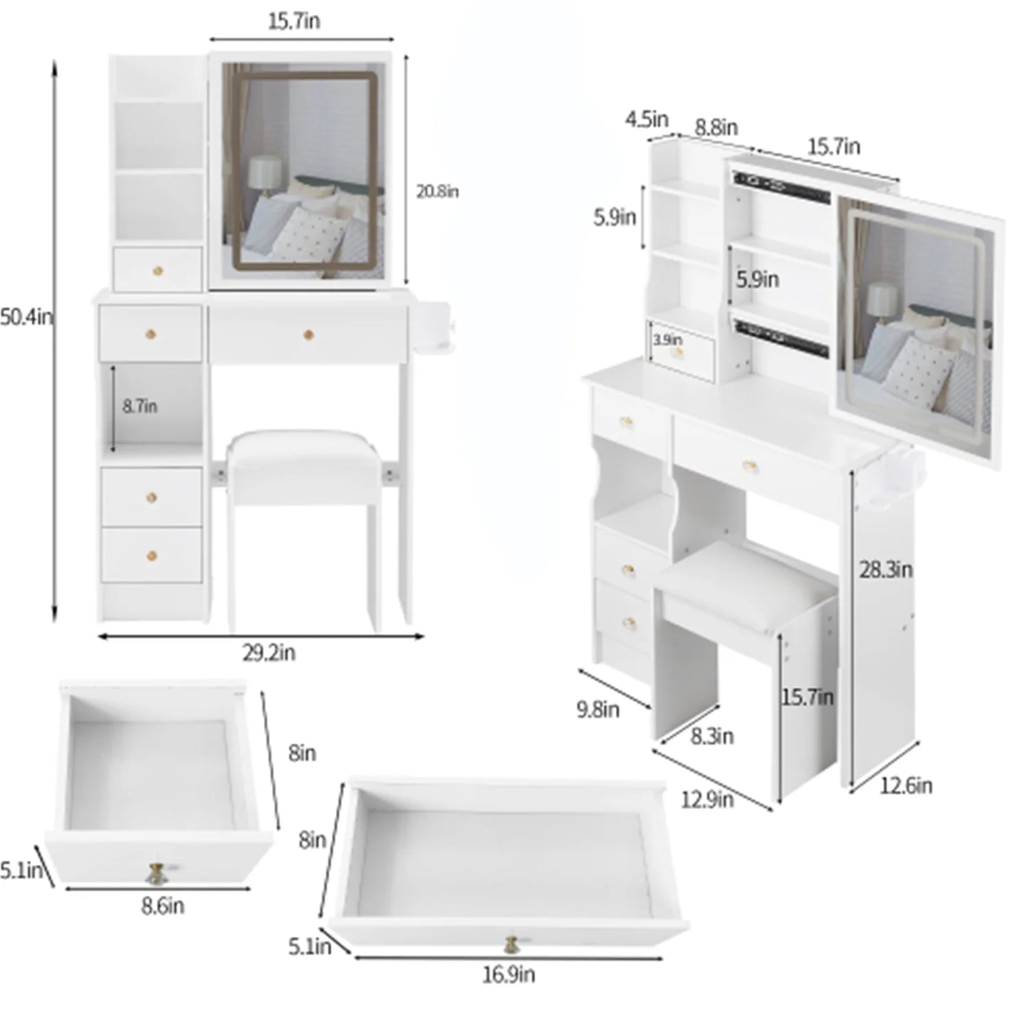 Configuration Vanity Table With Stool And LED Mirror
