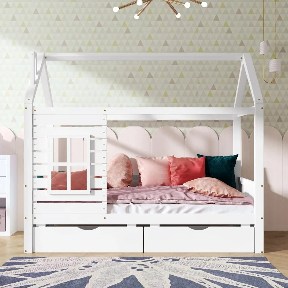 MKDK Kid House Bed Frame With Window And Roof With 2 Drawers