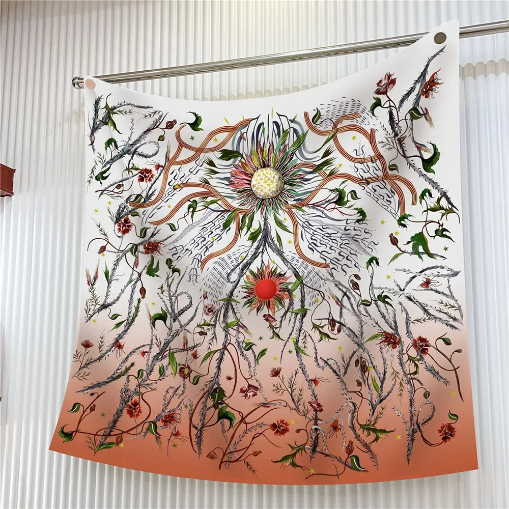 Floral Silk Twill Square Scarf Hijab Shawl For Women