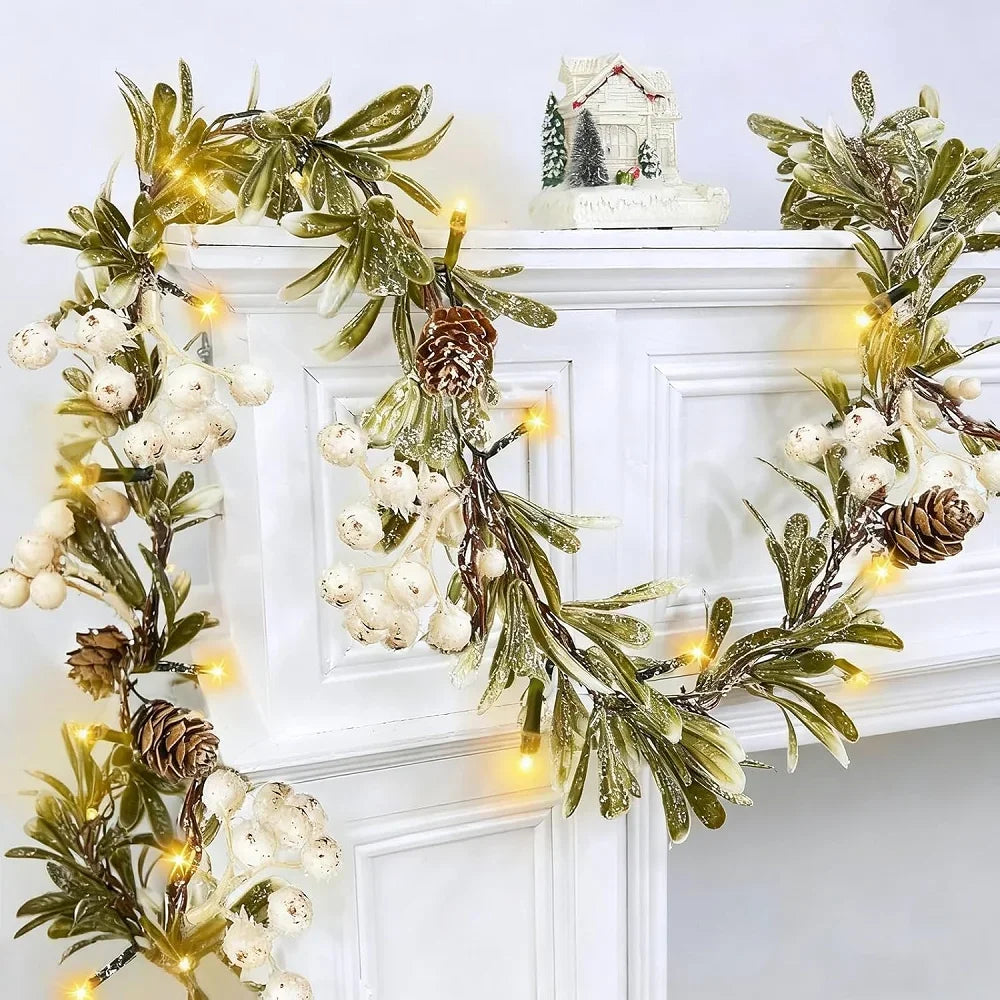 VKTECH Mistletoe Christmas Garland With Lights Prelit Flocked Cedar