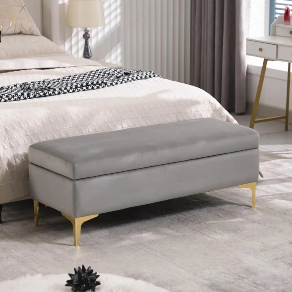 Velvet Upholstered Storage Bench With Ottoman For Bedroom