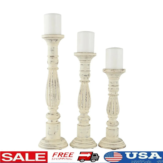Mango Wood Candle Holders Set of 3 Hand Carved Pillar Stands