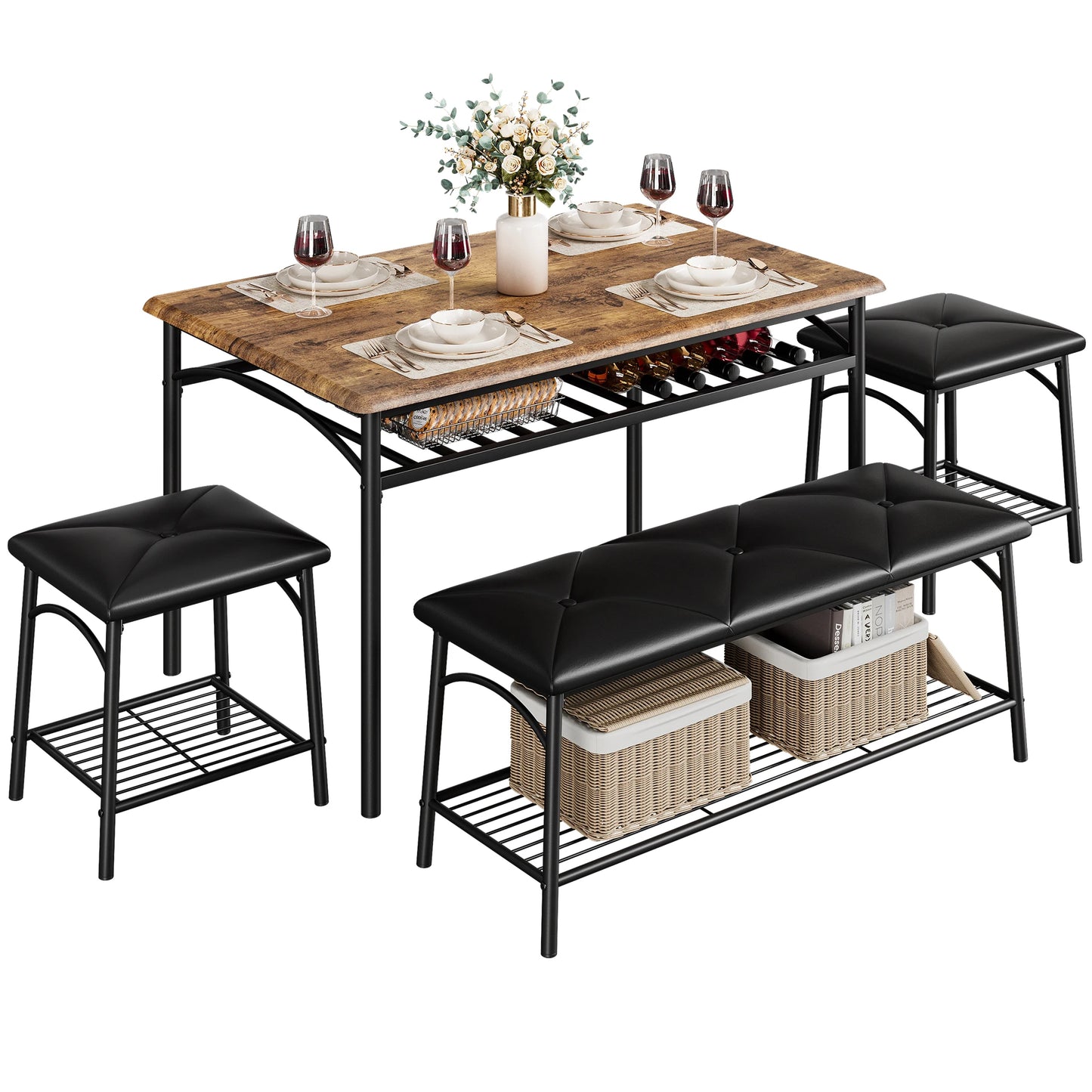 HobbyLane Dining Table Set For 4 With Upholstered Bench Stools