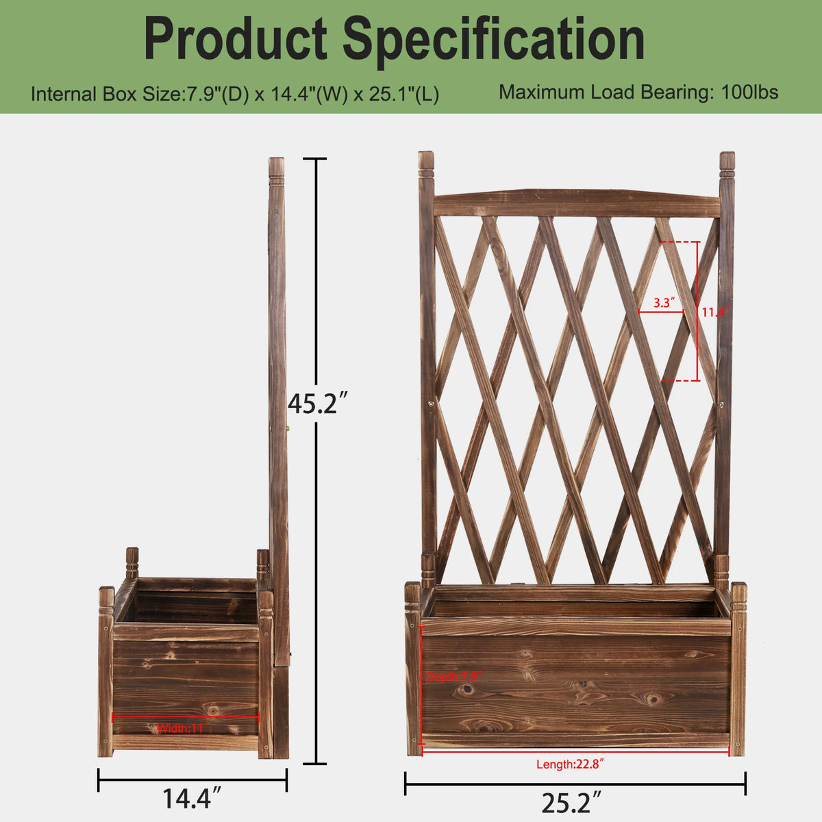 Elevated Wood Planter Box With Trellis For Herbs And Flowers