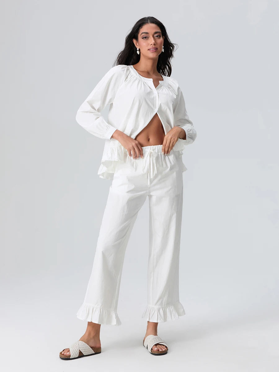 Hirigin Elegant V Neck Pajama Set With Long Sleeve