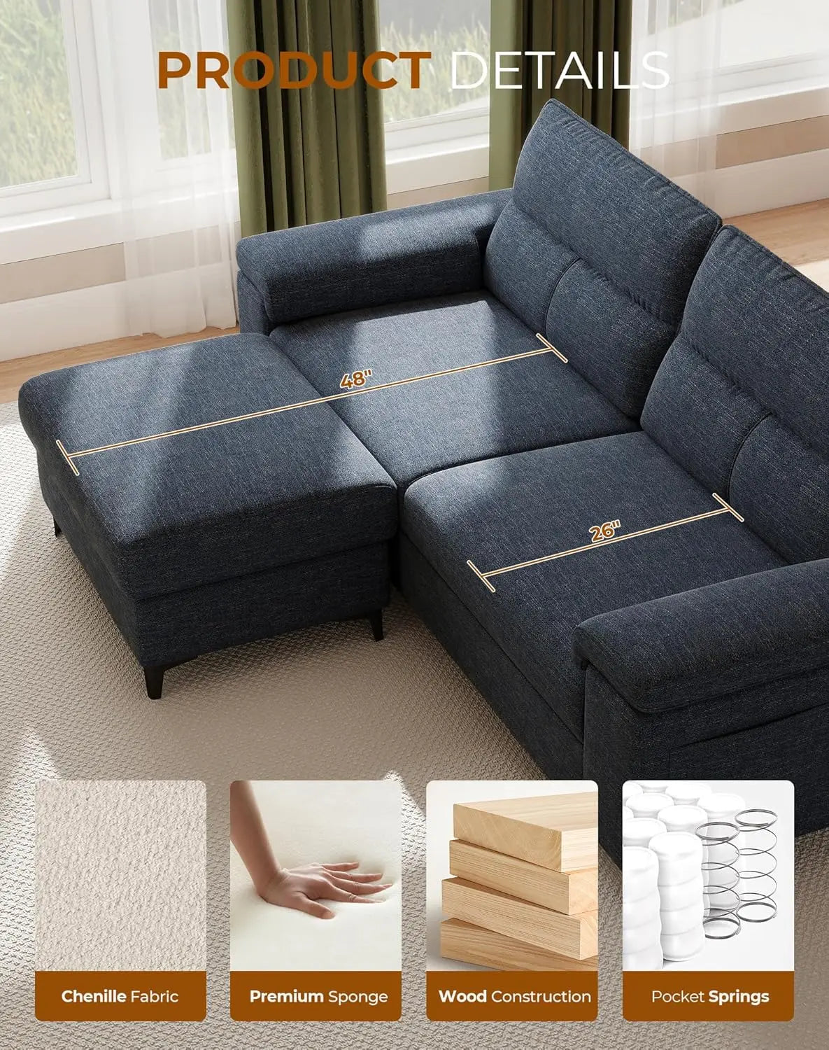 L Shaped Sectional Sofa With Storage Ottoman And Deep Cushions