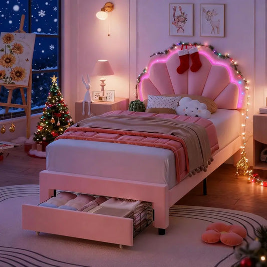 Upholstered LED Storage Bed With Adjustable Headboard