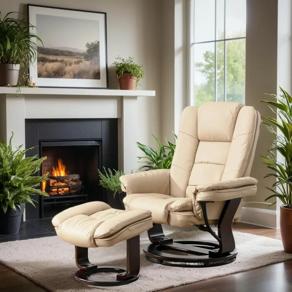 ZHUXIANG Argus Swivel Recliner With Ottoman PremiumPULeatherAndWoodBase Footrest Comfort