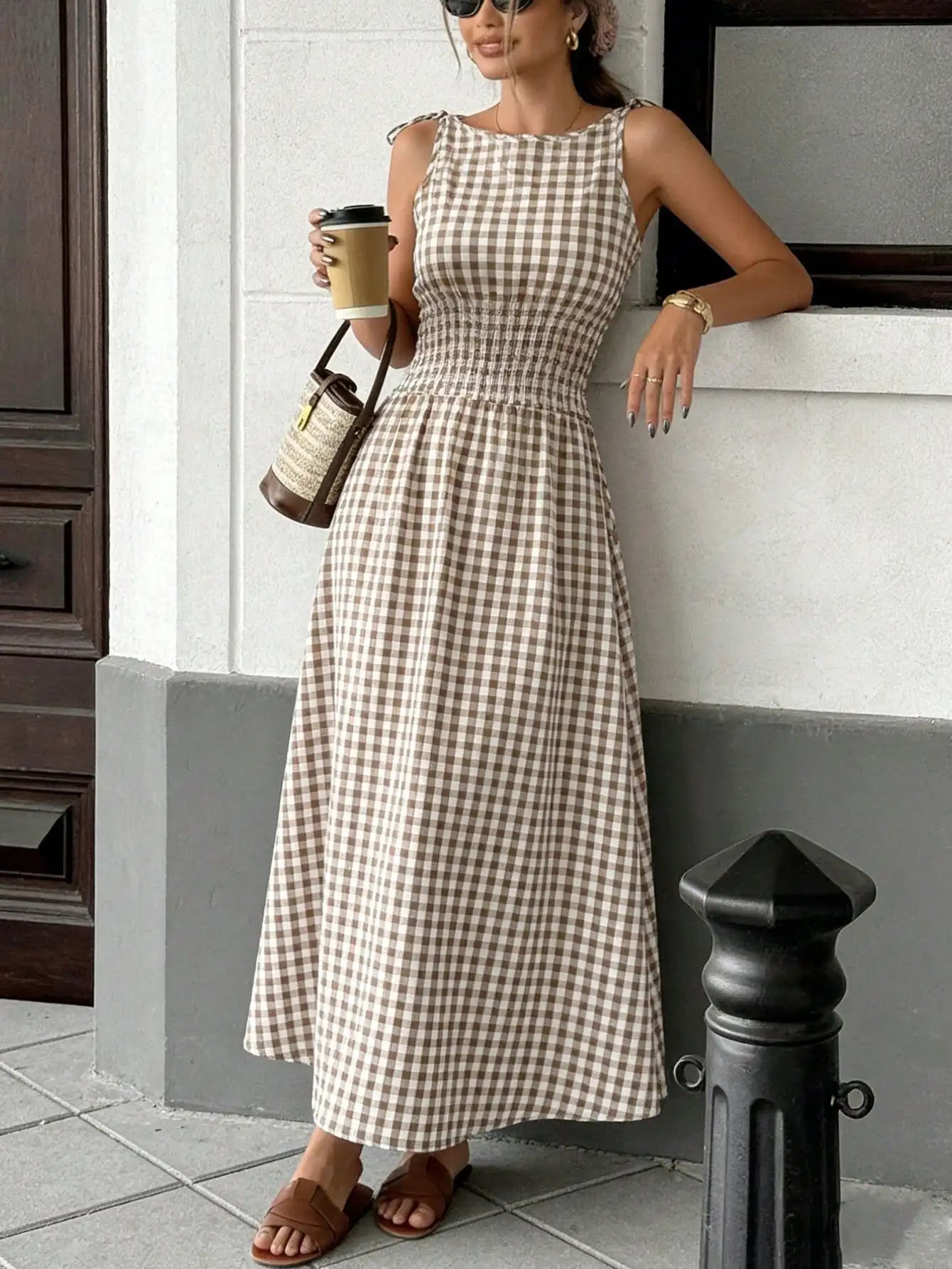 Gingham Maxi Dress With Bow Tie Straps Smocked Waist