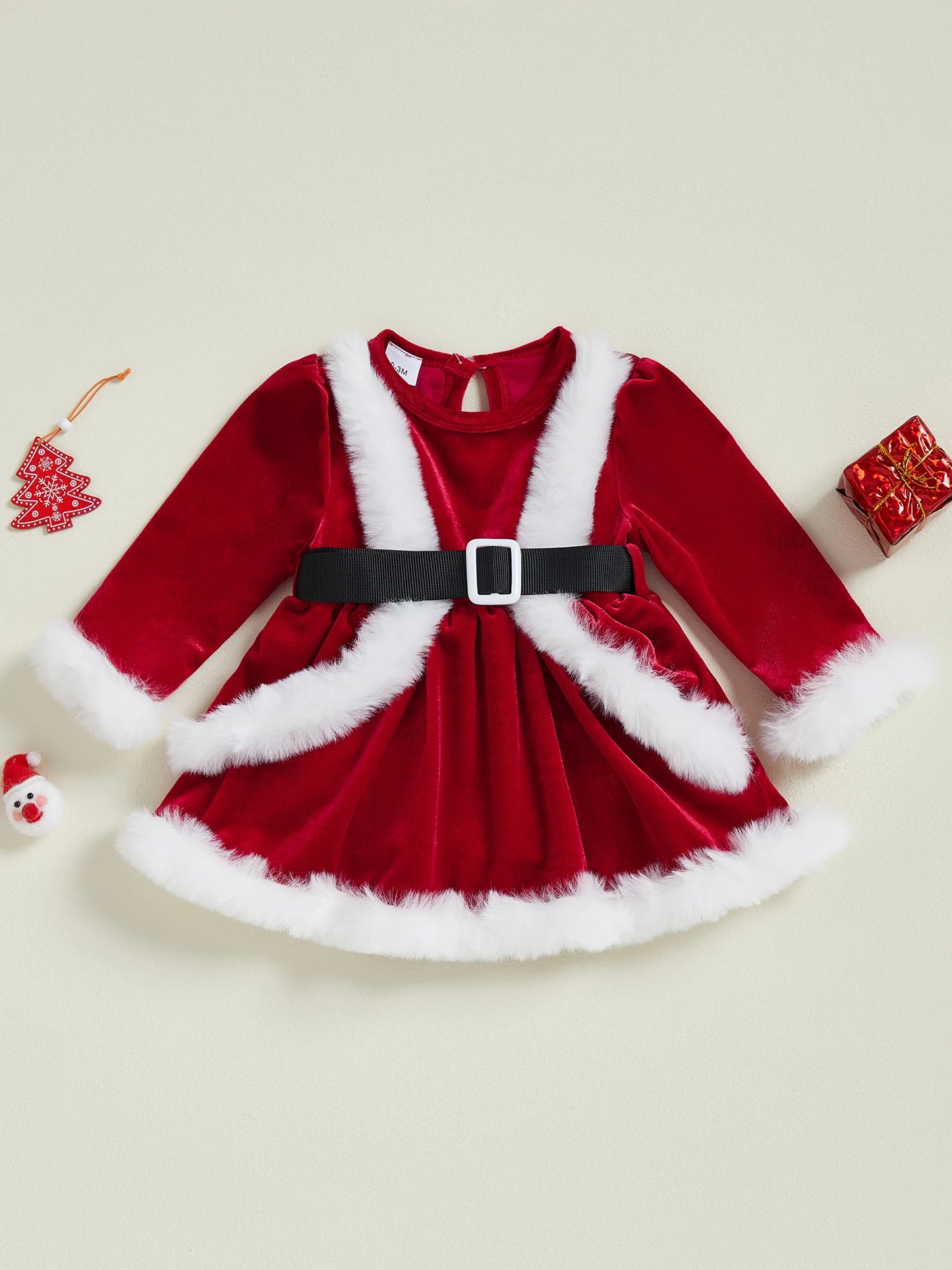 Toddler Winter Velvet Romper Dress With Faux Fur Trim And Bow