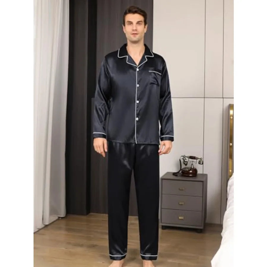 Satin Silky Men's Pajama Set With Long Sleeve And Pockets