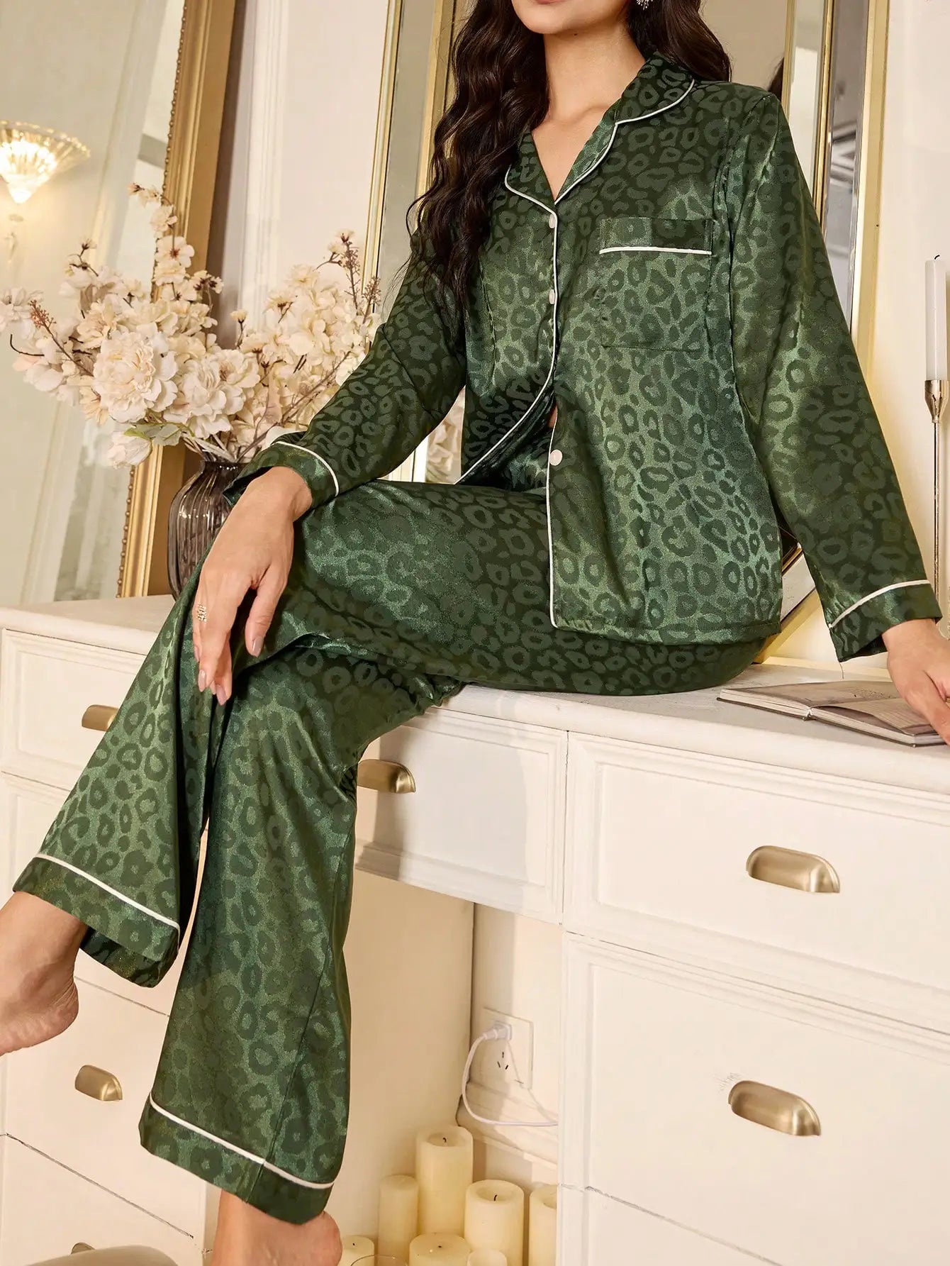 Silky Satin Pajama Set With Piping Button Front Top