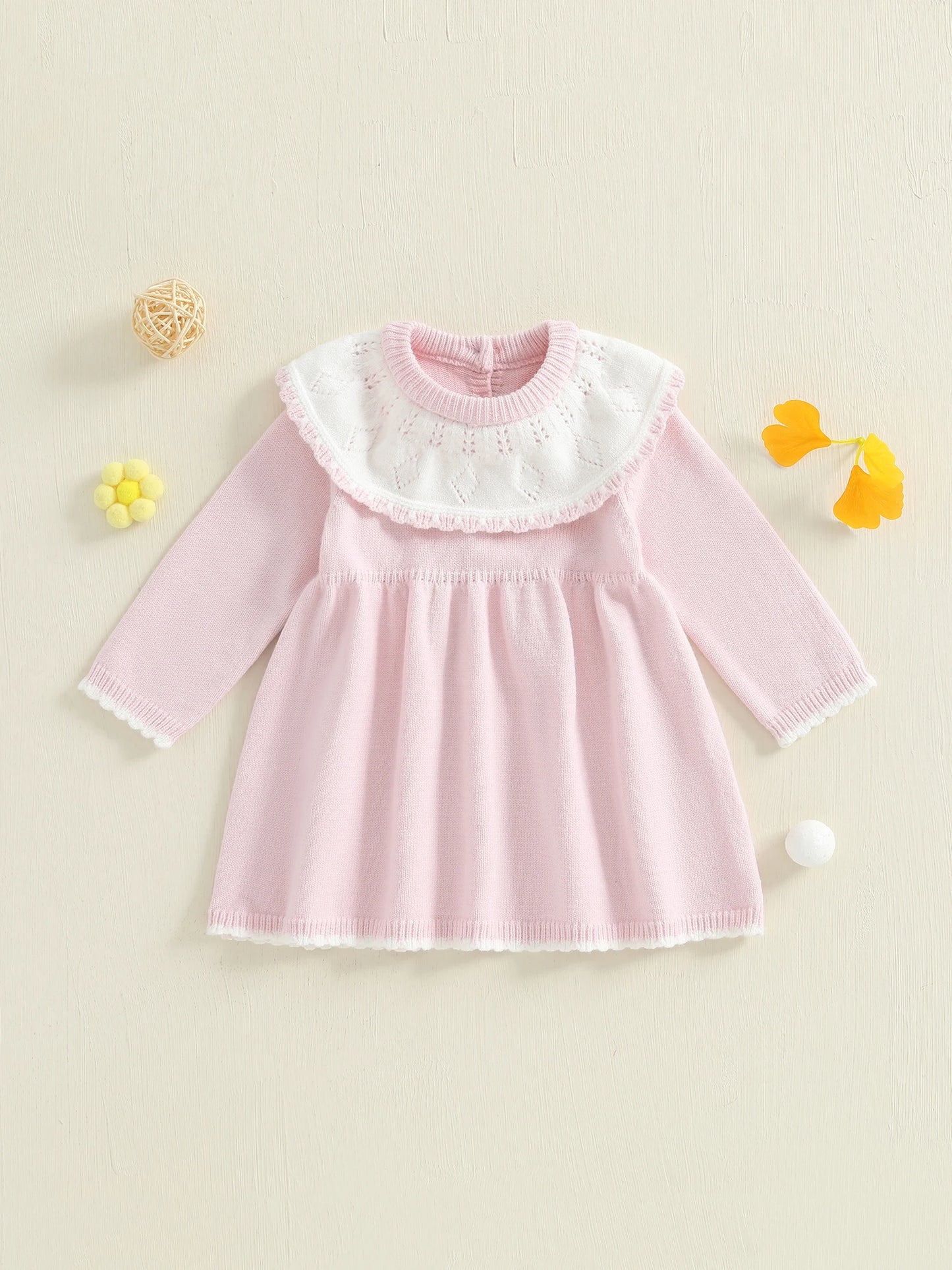 Infant Girl Knit Sweater Dress With Ruffle Detailing Crew Neck
