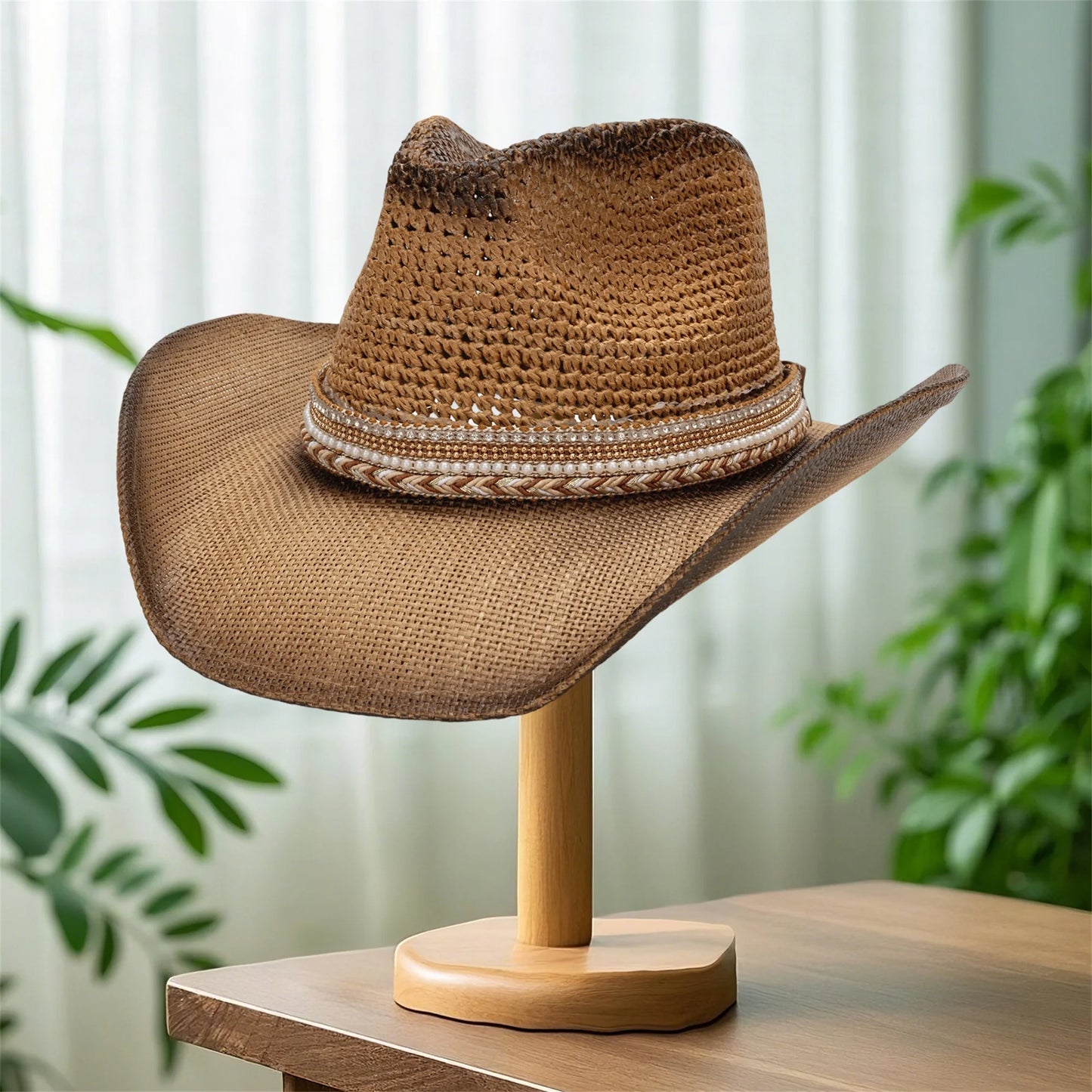 NONECN Unisex Wide Brim Straw Sun Hat Western Cowgirl Style