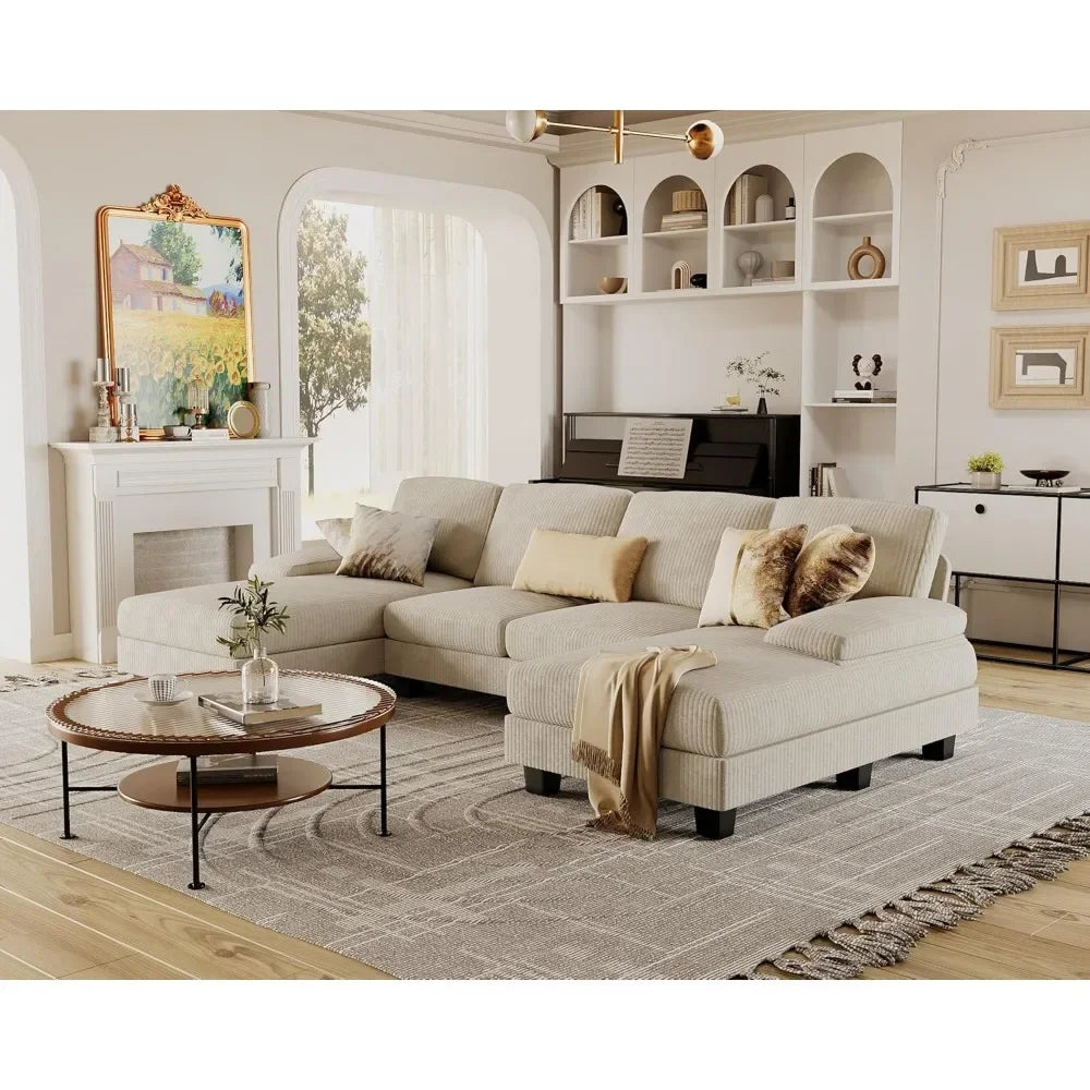 U-Shaped Linen Sectional Sofa For Living Room - 4 Seat Set