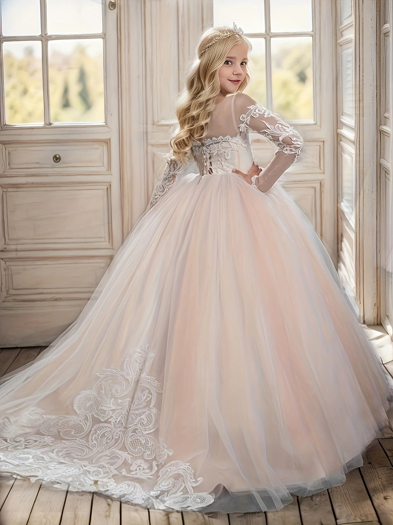 Abaowedding Lace Embroidery Sheer Long Sleeves Girls Gowns