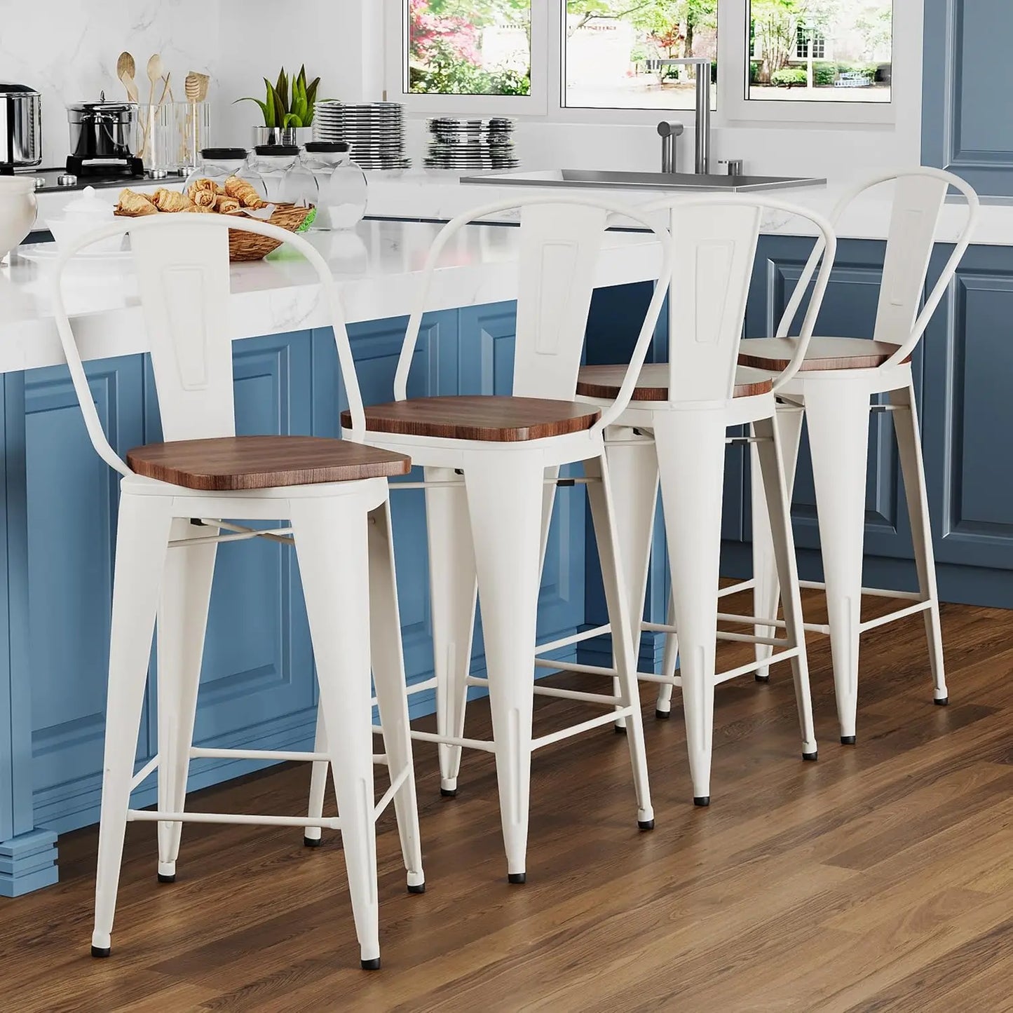 MOYU Swivel Metal Bar Stools Set 4 High Back Comfort