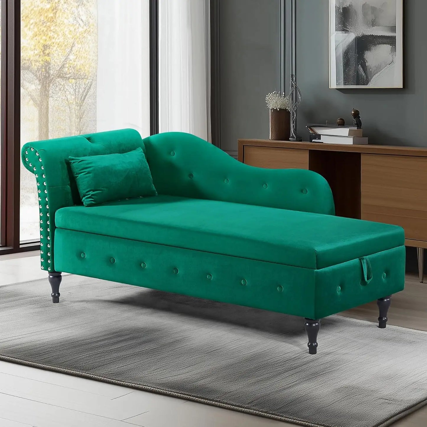 Huanzhuang Modern Velvet Upholstered Chaise Lounge With Button Tufting And Solid Wood Legs