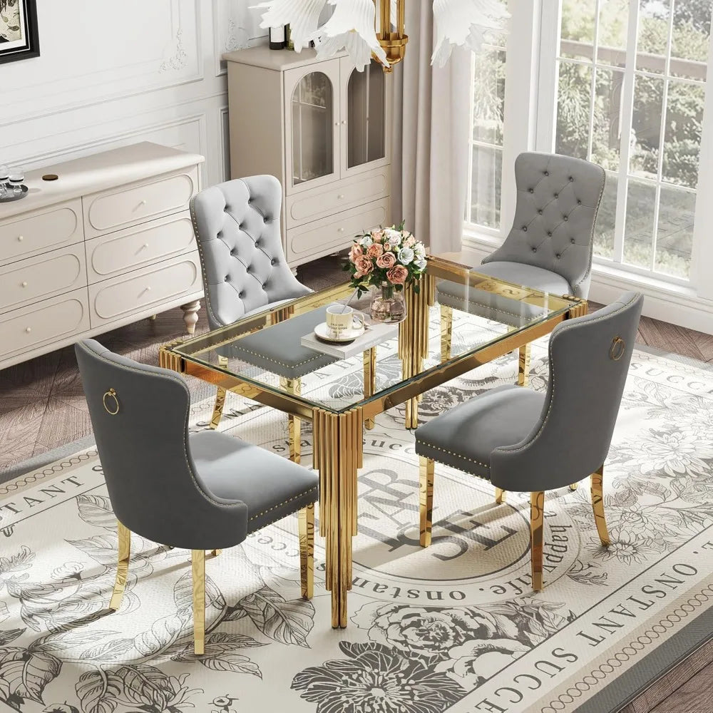 AMHDDT Five-Piece Glass Dining Set for Four with Velvet Chairs