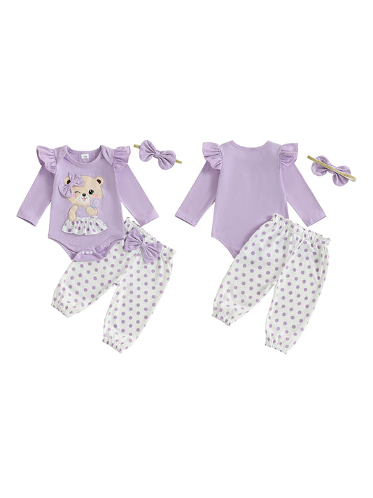 Toddler Girls Winter Jumpsuit With Deer Embroidery And Polka Dot Leggings