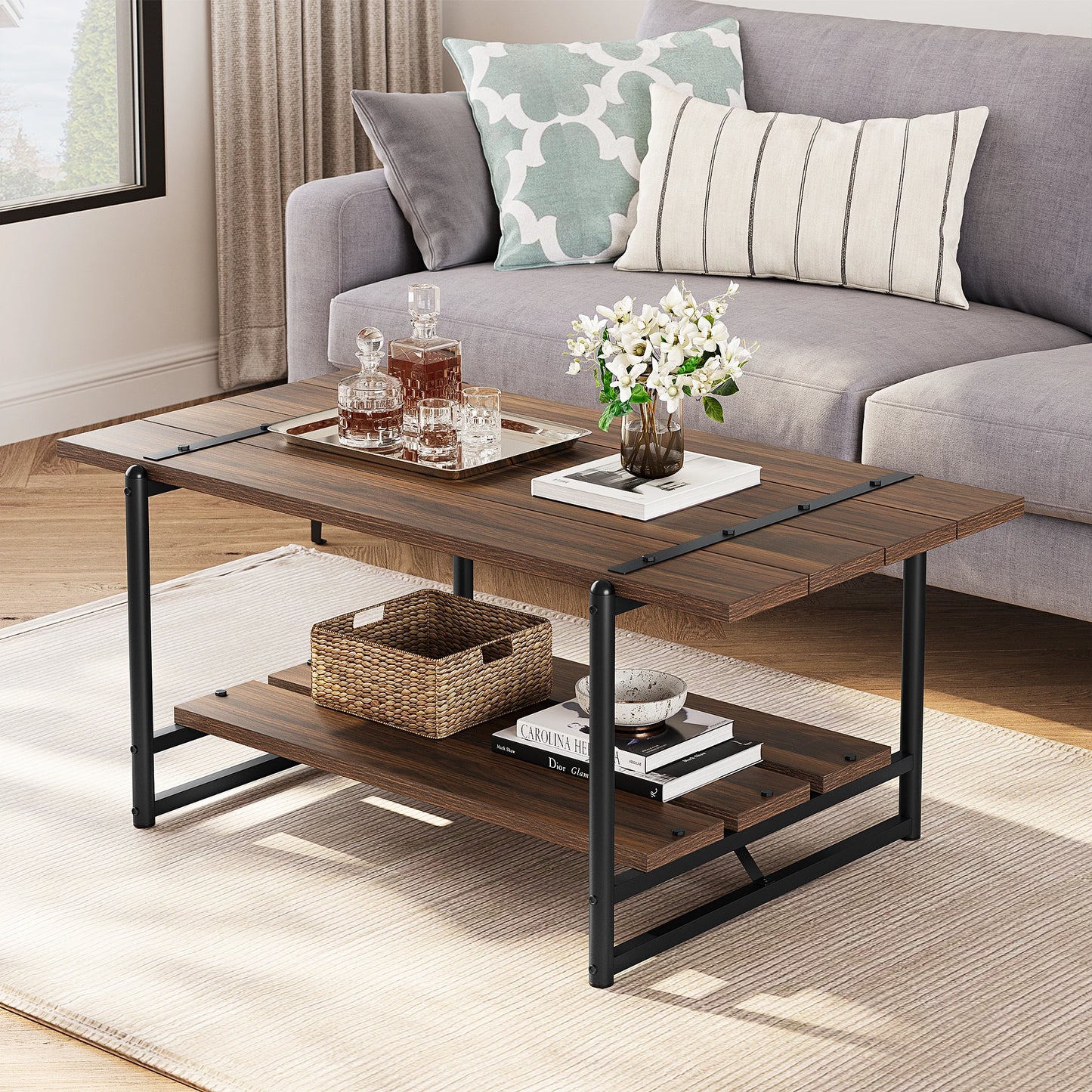 HobbyLane Two Tier Wood Coffee Table With Storage Shelf