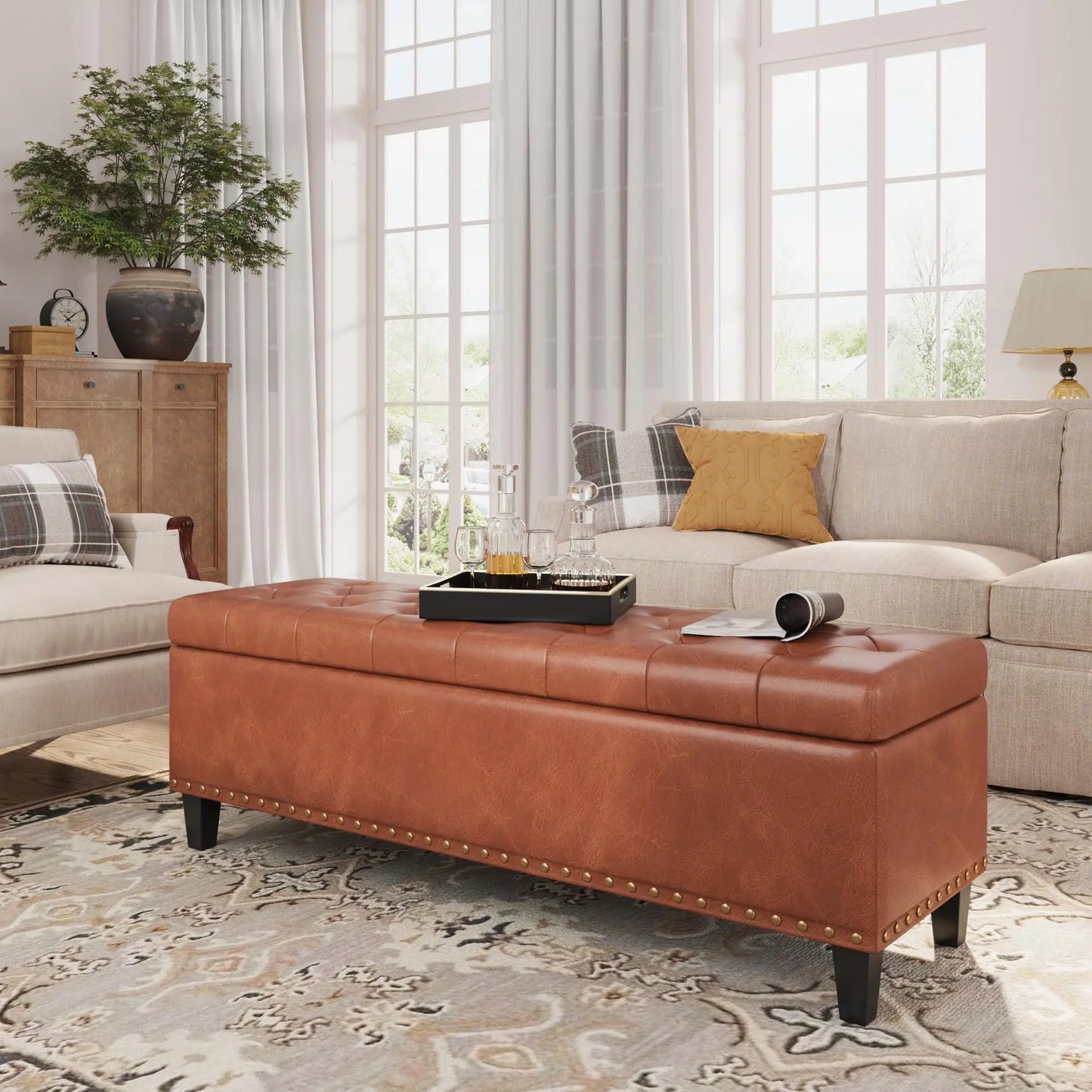 Vabches Faux Leather Storage Ottoman Bench For Living Room