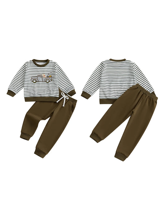 Unisex 2 Piece Fall Outfit Set With O Neck Top And Solid Pants
