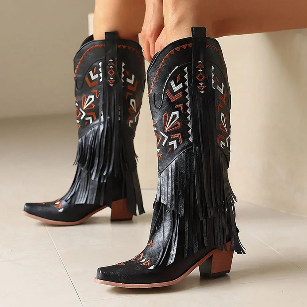 GIGIFOX Retro Tassel Embroidered Cowgirl Western Boots MidCalf