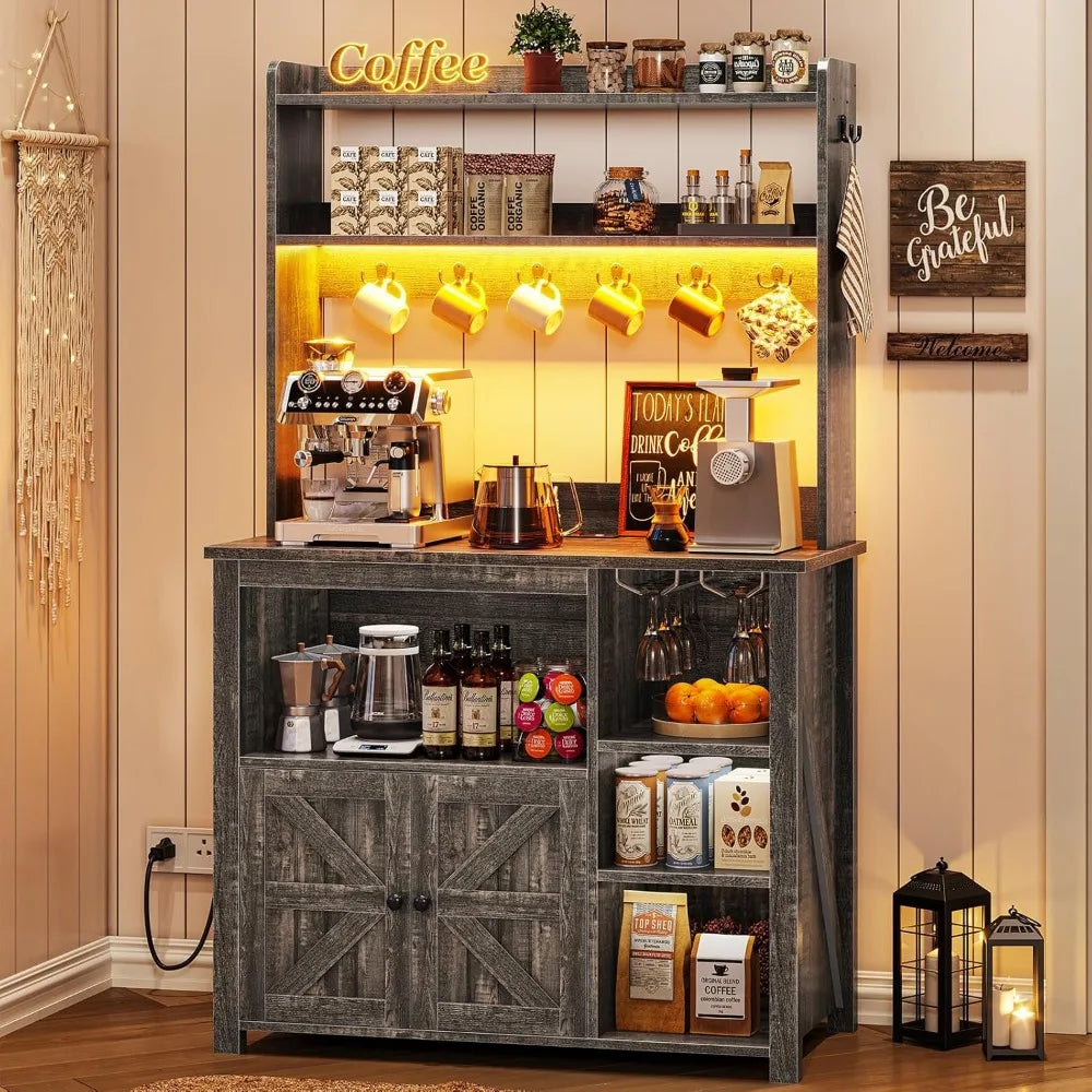 RBXCH Coffee Bar Cabinet With Microwave Hutch LED Lights