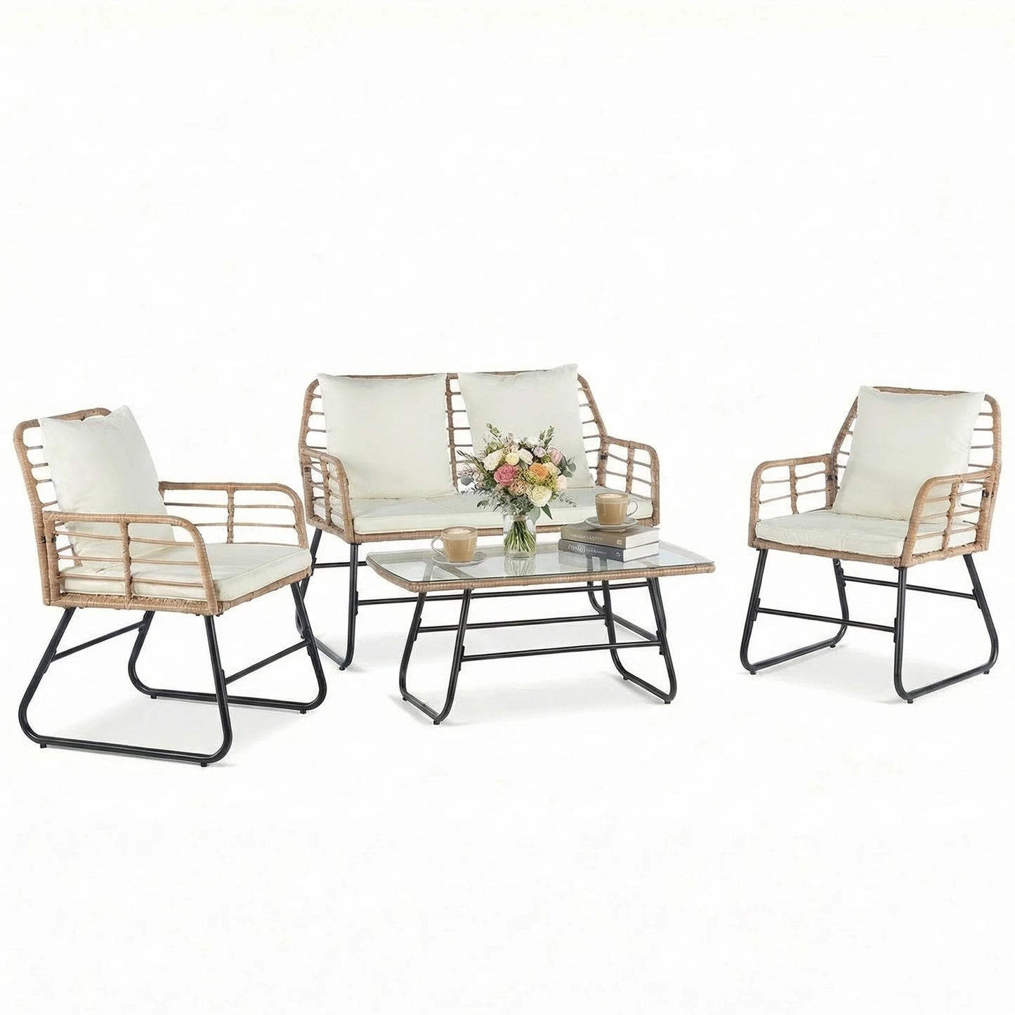 JHK Outdoor Wicker Patio Furniture Set With Glass Table