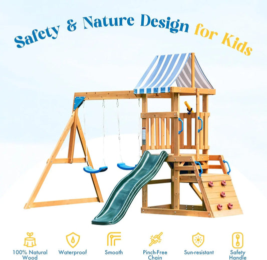 Rolife Robud Wooden Swing Set With Dual Swings And Slide