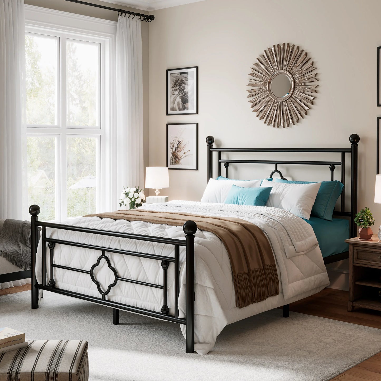 Hoomic Vintage Victorian Platform Bed Frame With Wrought Iron Headboard