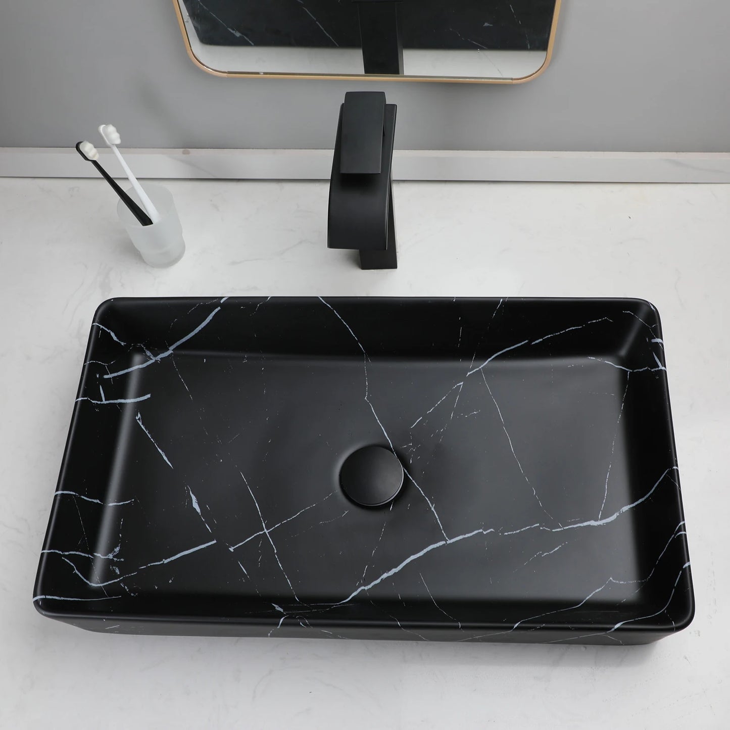 KEMAIDI Black Vanity Rectangle Marble Vessel Sink With Faucet Set