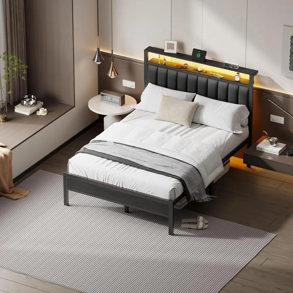 Queen Platform Bed With Charging Station LED Lights And Storage
