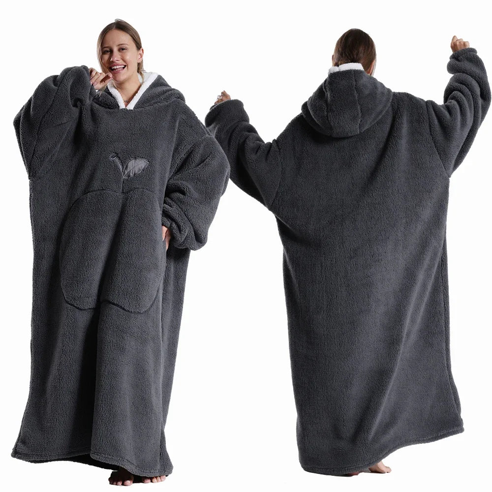 Polar Fleece Wearable Hooded Blanket With Sleeves For Adults
