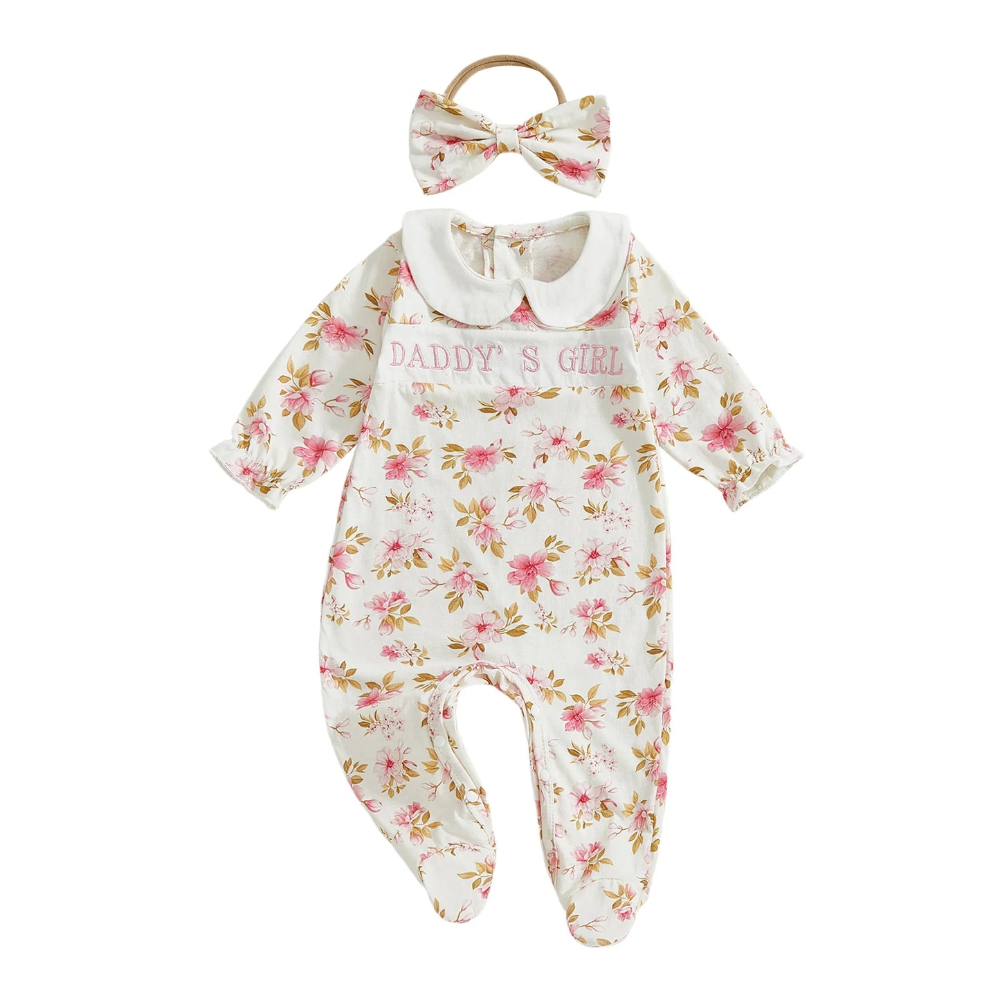 Floral Toddler Girl Ruffle Sleeve Romper With Lace Collar Set