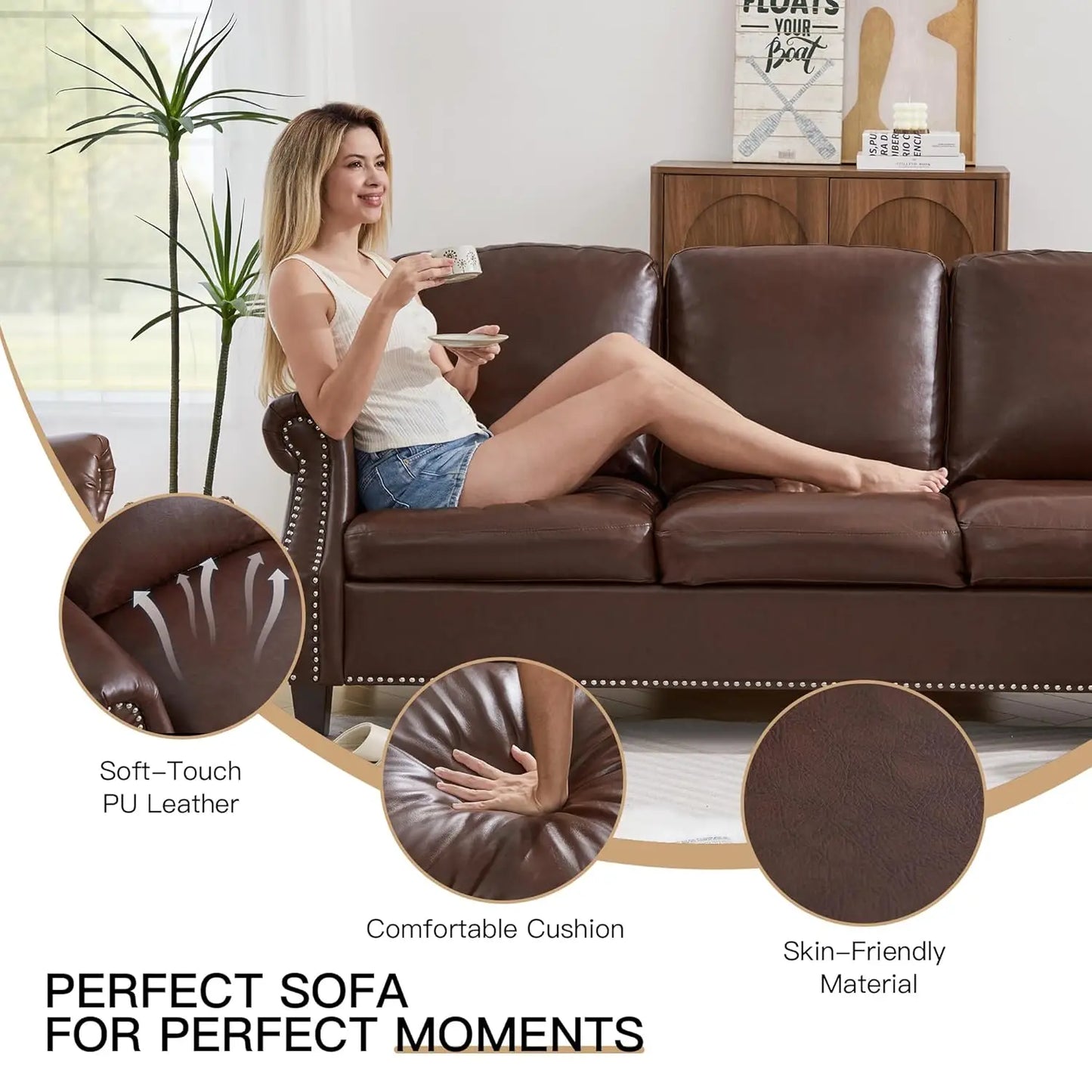 Compact PU Leather Sofa Set 3 Piece With Nailhead Trim