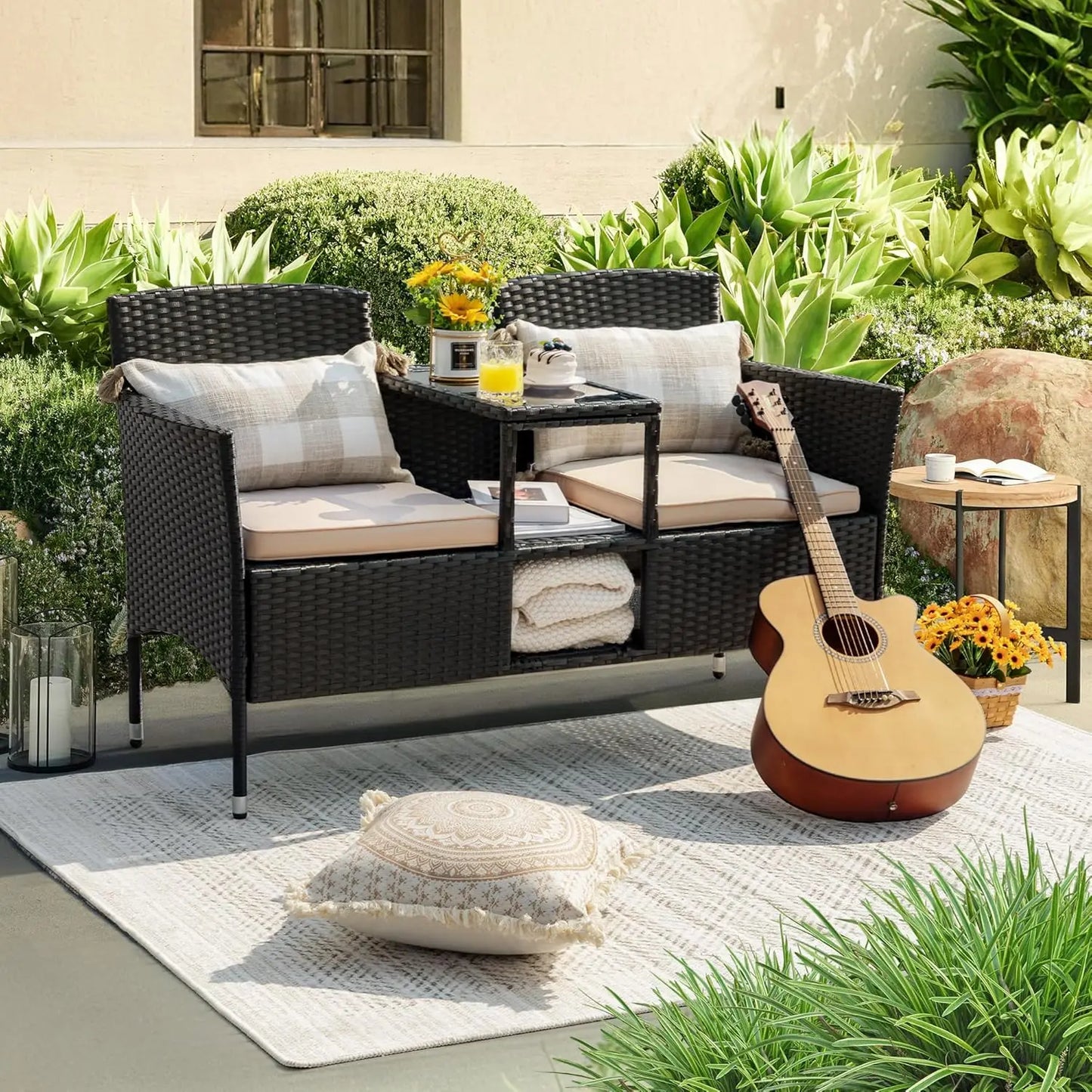 Folded Outdoor Patio Loveseat Modern Rattan 2 Seat Table Set