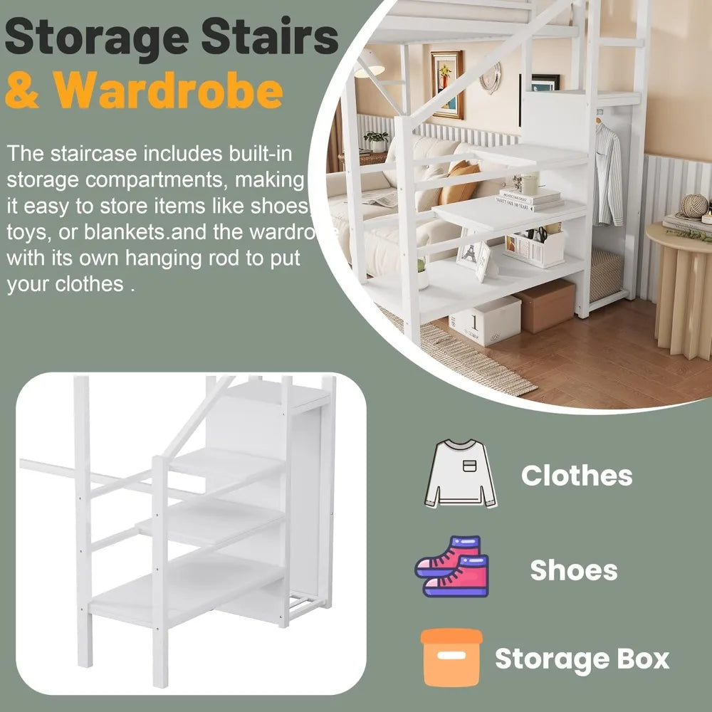 MKDK Metal Loft Bed With Stairs And Storage Wardrobe