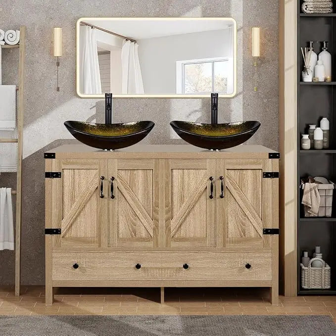 Huanzhuang Rustic Bathroom Vanity With Two Vessel Sinks