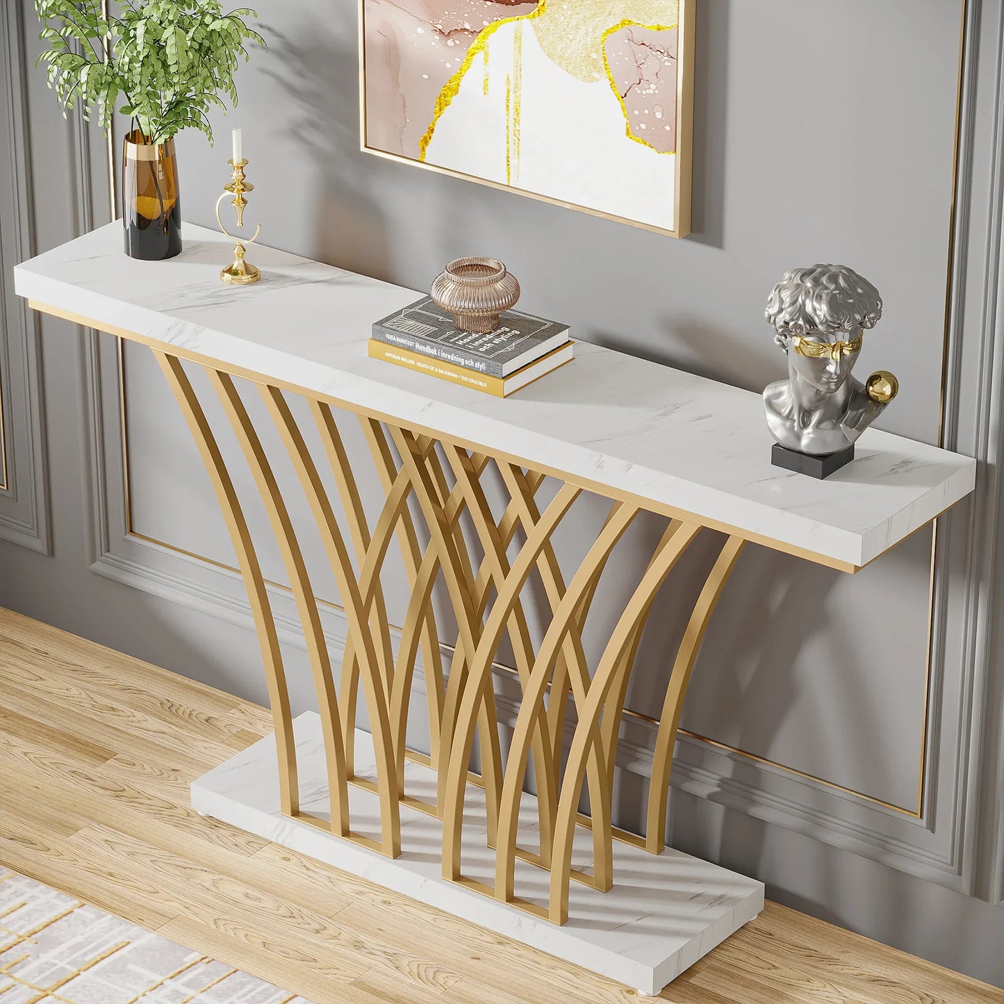Tribesigns Modern Gold Console Table With Grid Base For Entryway