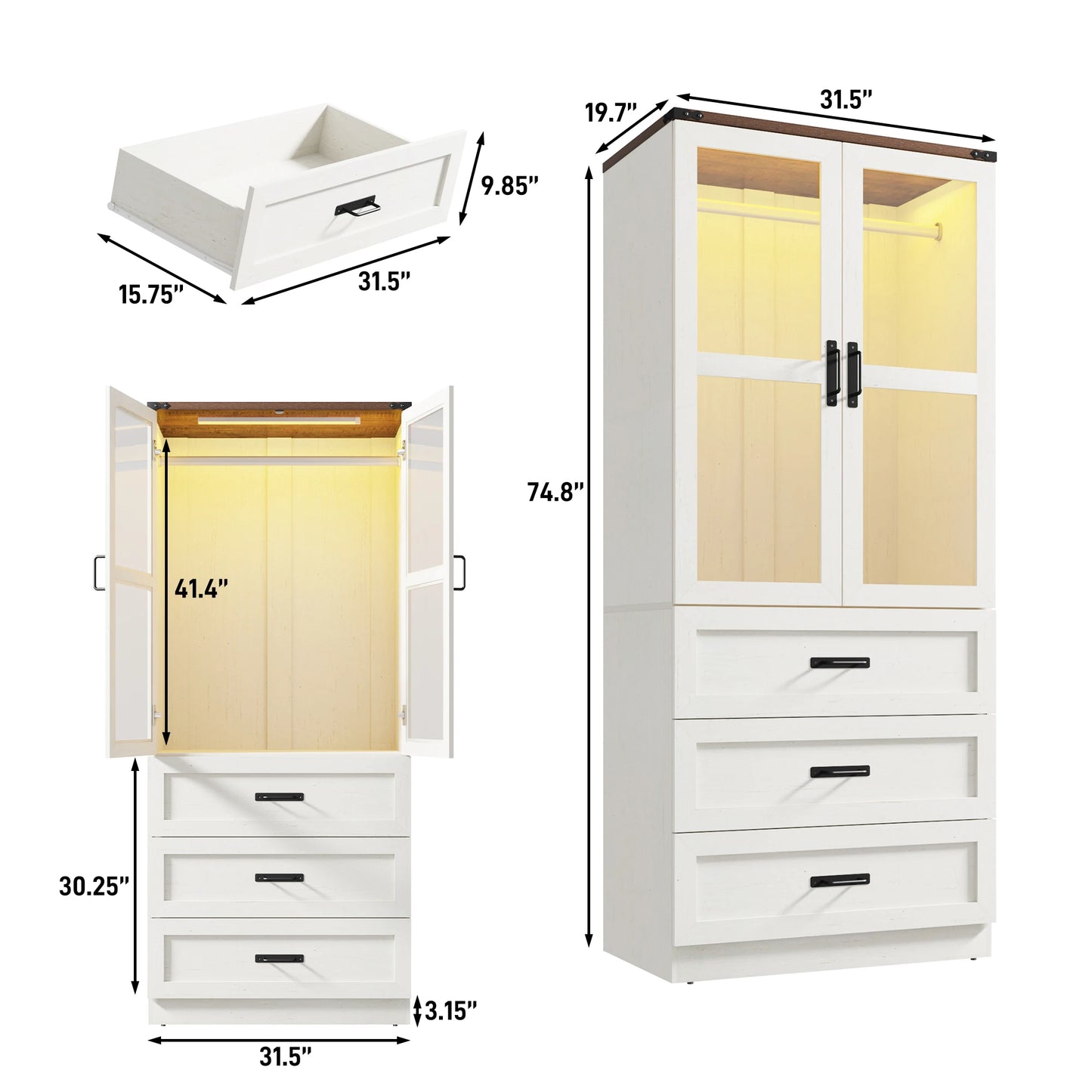 QiaoShiRen Farmhouse Armoire Wardrobe With LED Lighting Freestanding