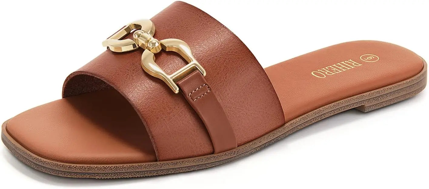 Womens Flat Sandals Memory Foam Cushioned Leather Slides